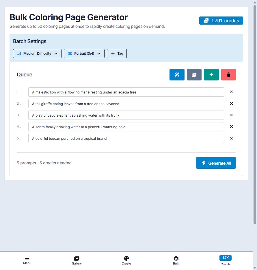 Bulk Generator interface showing a queue of coloring page prompts